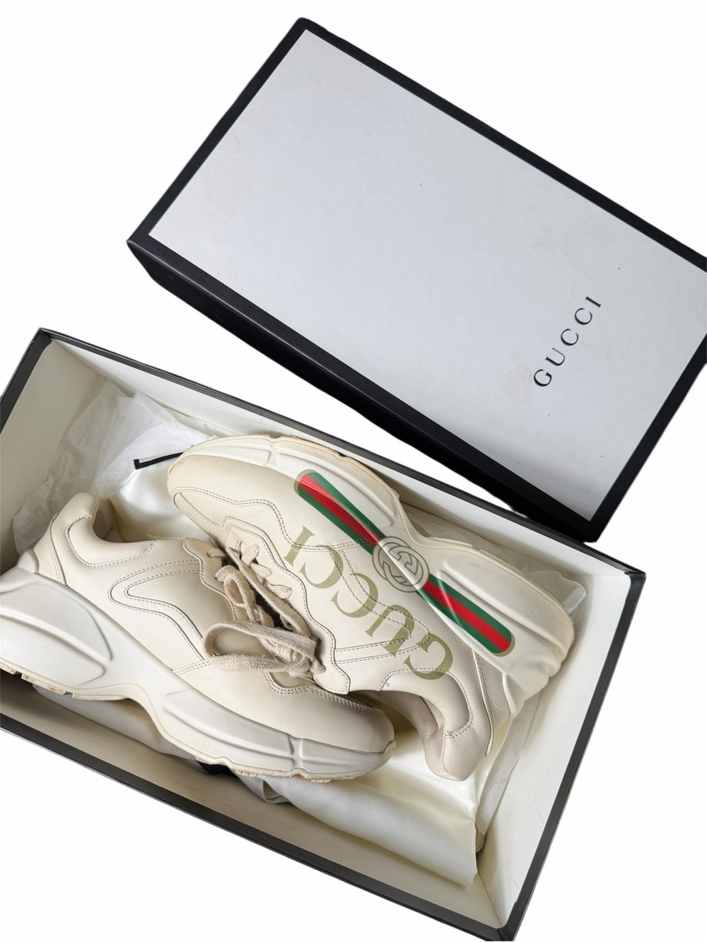 Gucci Cream Leather Rhyton Sneakers with Red-Green Web Stripe